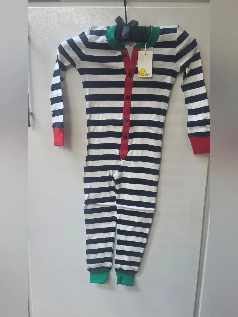 Mini Boden Navy & White Stripe One-Piece Pajamas with Red Trim Size 4y
